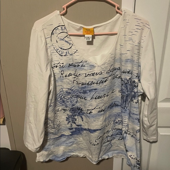 Ruby Rd. White and Blue Script V-Neck Top - Picture 1 of 3